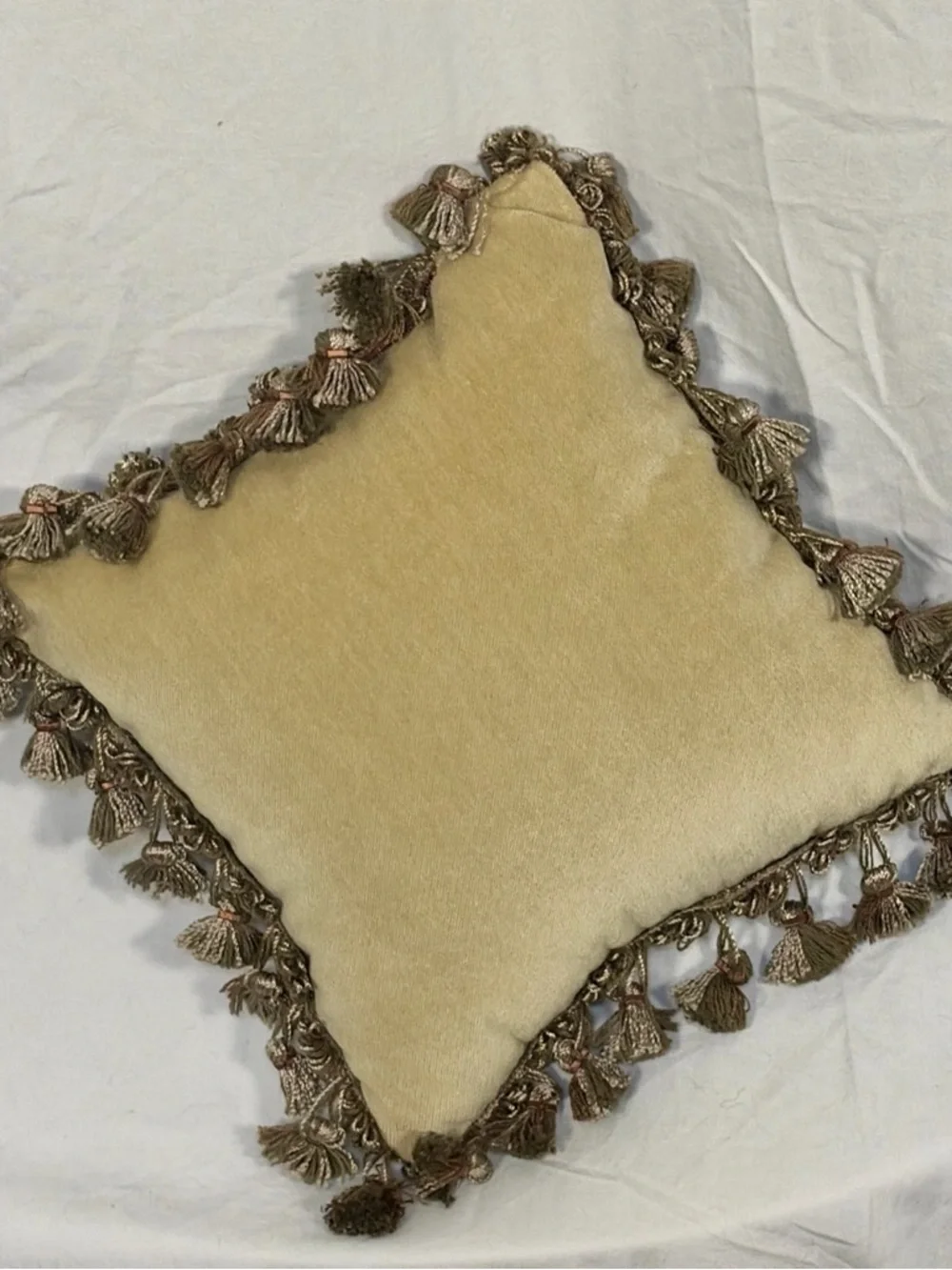 Vintage Petit Point Rose Pillow 9” Beige Velvet Back Tassel Trim Romantic